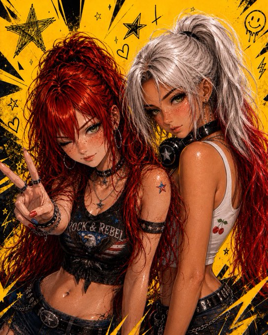 An anime-style illustration features two girls with edgy aesthetics—one with long red hair making a peace sign, the other with silver hair in a ponytail—against a vibrant yellow background adorned with stars, hearts, and a smiley face.