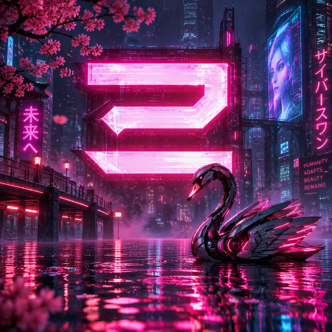 A cyberpunk-style cityscape at night with neon pink lighting, featuring a metallic black swan floating on water, cherry blossoms, and Japanese characters including 'サイバースワン'.