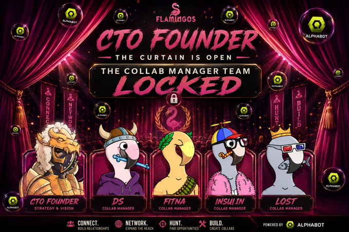 Promotional graphic for Flamiligos' "CTO FOUNDER - The Curtain is Open," featuring cartoon mascots including CTO Founder, DS, Fitna, Insuiin, and Lost, with text stating "THE COLLAB MANAGER TEAM LOCKED."