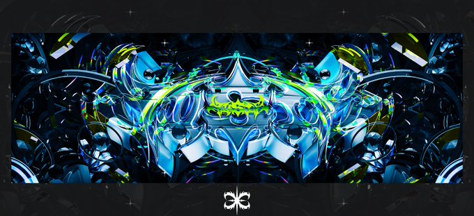 A digital artwork banner featuring abstract metallic blue and green reflective symmetrical shapes with a small butterfly logo at the bottom center.