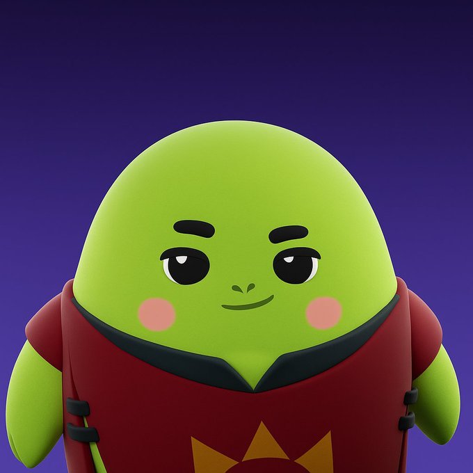 The image features a green character with big eyes and a small nose wearing a red shirt that says "@Sleepagotchi" on it. The character has a sunburst design on its chest, which adds a playful touch to its appearance. The character is standing against a purple background, making the green color of the character stand out even more.