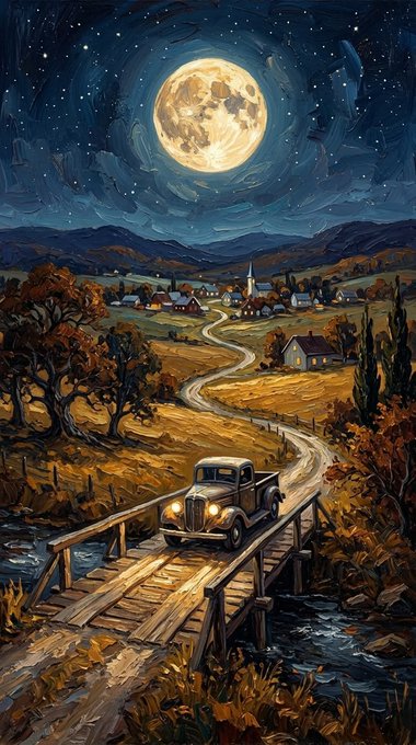 A painterly artwork shows a vintage car crossing a wooden bridge under a large glowing full moon, with a winding road leading to a distant village.