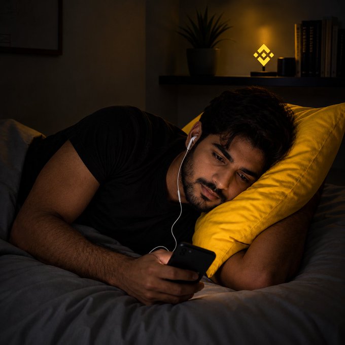A young man wearing earphones lies in bed with his head on a yellow pillow, scrolling on his phone illuminated by the glow of the screen—reflecting the late-night habit of checking trading charts before sleep, with a small Binance logo glowing on the shelf behind him.