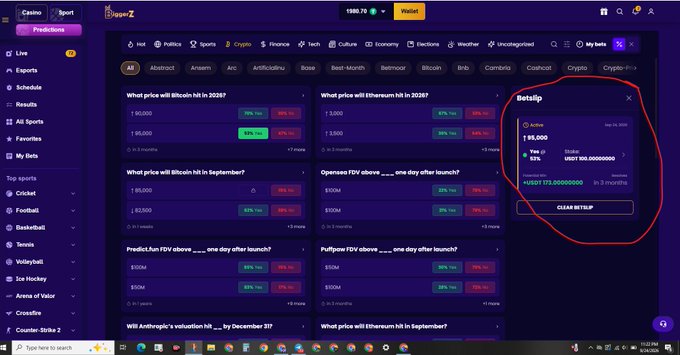 A screenshot of a prediction market platform interface on Polygon showing various betting options on crypto prices and FDX clones, with a red-circled Betslip on the right showing an active bet of $95,000 in YES on a USDR question.