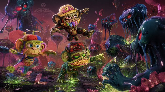 A colorful, surreal digital artwork featuring grotesque monkey-like creatures with sharp teeth surrounded by dripping, slime-covered monsters in a dark, toxic landscape, signed 'MADS'.