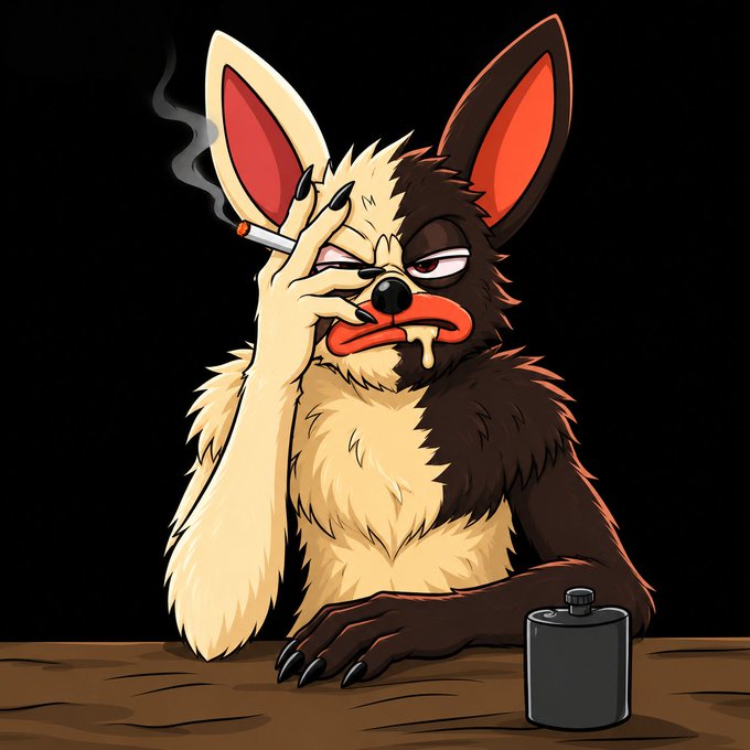 A cartoon illustration shows a half-black, half-tan creature with large ears slumped over a wooden table, smoking a cigarette with a drooling expression next to a flask. The image's weary, intoxicated vibe mirrors the post's "airdrop" pitch, humorously implying the questionable nature of the $BORO token giveaway.