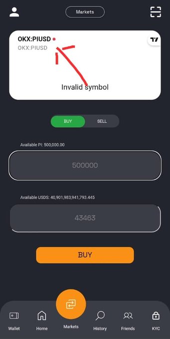 The image shows a Swapfone app trading screen with an "Invalid Symbol" error displayed beneath the OKX:PIUSD ticker, highlighted by a red arrow. The post claims OKX has launched PiUSD for swapping on Swapfone, but the error message suggests the OKX:PIUSD trading pair isn't yet functional on the platform.