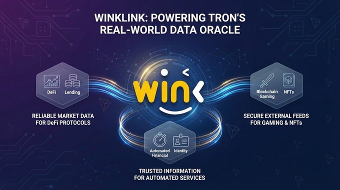 A promotional graphic titled 'WINKLINK: POWERING TRON'S REAL-WORLD DATA ORACLE' featuring the WIN logo and sections for DeFi, Blockchain Gaming, and Automated Financial services.