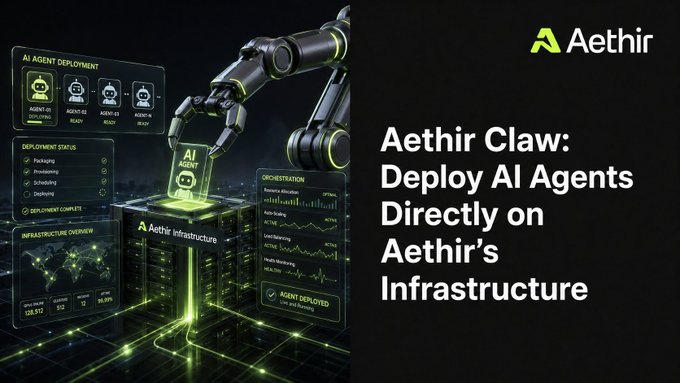 The image is a promotional graphic for **Aethir Claw**, featuring a robotic arm placing an "AI AGENT" chip onto a holographic display showcasing deployment status, infrastructure overview metrics (312 nodes, $28,512 pricing), and orchestration charts—all branded with the Aethir logo and tagline *"Deploy AI Agents Directly on Aethir's Infrastructure."* It visually reinforces the post's message that Aethir Claw operates natively on Aethir's decentralized GPU network, eliminating third-party resellers and enabling direct AI agent deployment.