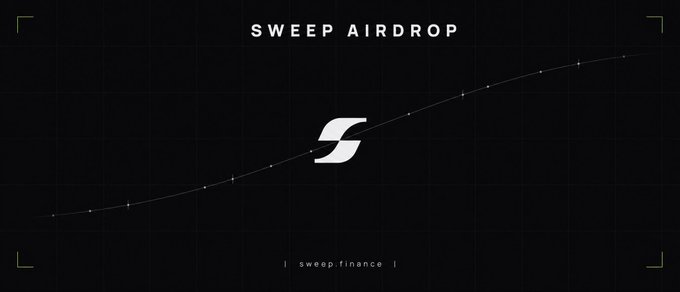 A dark promotional graphic featuring the text "SWEEP AIRDROP" and a curved ascending line with a stylized "S" logo in the center, along with the URL "sweep.finance" at the bottom, reinforcing the visual branding for the Sweep Finance token giveaway mentioned in the post.
