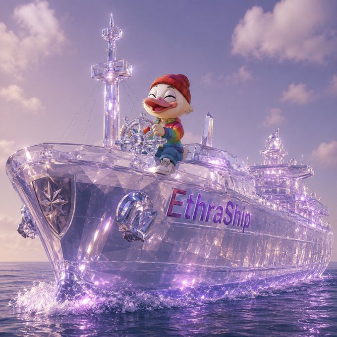 A joyful cartoon duck wearing a red cap pilots a sparkling, crystalline cruise ship across the sea, with "EthraShip" glowing in pink letters on its hull—visually echoing the post's theme of vessels, verification, and the contrast between digital dashboard appearances and uncertain real-world reality.