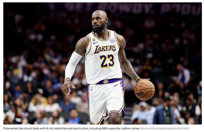 LeBron James, wearing his Lakers #23 jersey, dribbles a basketball during a game, illustrating the accompanying post about Polymarket offering the NBA superstar a $20 million annual salary plus $50 million in equity, as reported by a prediction-market competitor.