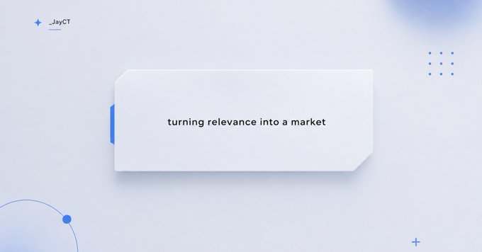 A minimalist blue and white graphic with the text '_JayCT' in the top left corner and 'turning relevance into a market' displayed in a central white box.