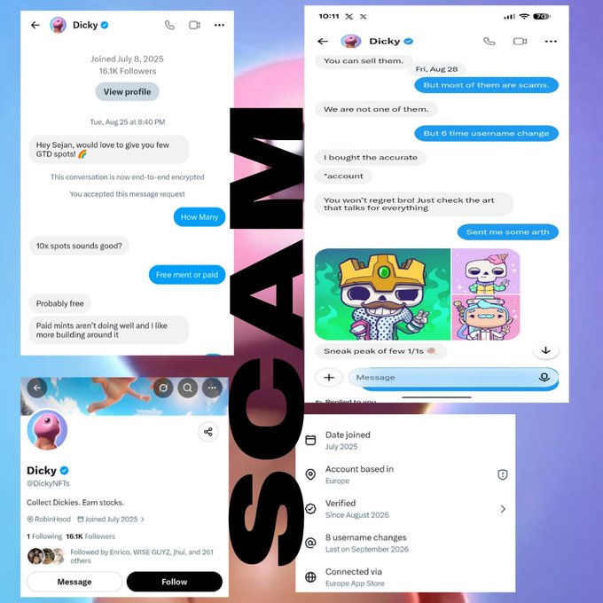 A collage of Instagram screenshots showing a verified account 'Dicky' (@DickyNFTs) with 16.1K followers, displaying direct messages about NFT spot offerings, followed by 'AI SCAM' text overlay.