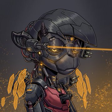 Chibi-style illustration of a female cyborg with a robotic helmet and visor shooting a laser from her eye, with golden feathers floating in the background.