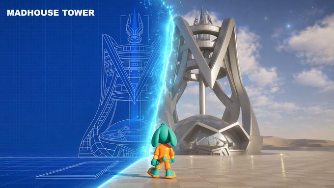 A 3D rendering shows a small teal-haired character in an orange spacesuit facing a futuristic tower labeled 'MADHOUSE TOWER' alongside its blueprint design.