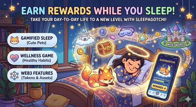 The image features an advertisement for a sleep-related game called "@sleepagotchi". The main focus of the ad is promoting the concept of using one's sleeping time to collect digital assets, such as points or virtual currency. The ad includes a cartoon illustration of a girl in bed with a cat on her chest and a phone displaying the game's title. The text at the bottom of the image encourages users to "Take Your Day to a New Level With @sleepagotchi".