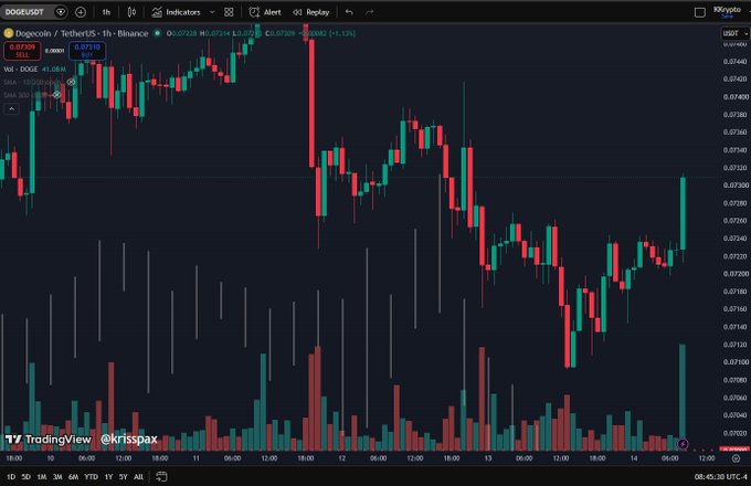 A TradingView chart showing the DOGE/USDT trading pair on Binance, displaying 1-hour candlestick price action with volume bars below, credited to @krisspax, with the current price around 0.0728.