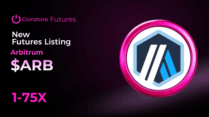 A promotional graphic for 'Coinstore Futures' announcing a 'New Futures Listing' for 'Arbitrum $ARB' with 1-75X leverage.