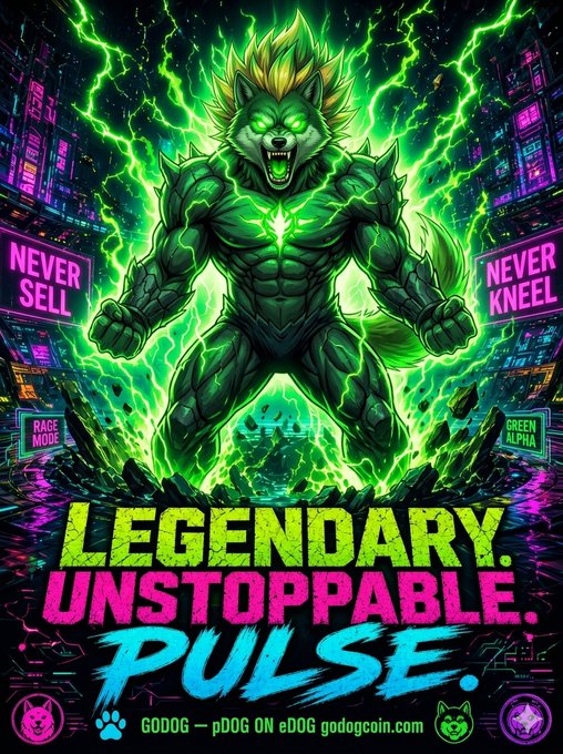 A neon-colored crypto meme poster featuring a muscular green werewolf with text 'LEGENDARY. UNSTOPPABLE. PULSE.' and 'NEVER SELL NEVER KNEEL' promoting the GODDOG token on eDOG.