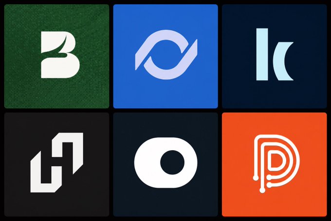 A 2x3 grid of six app/brand logos with letter-based designs in green, blue, navy, black, and orange color schemes.