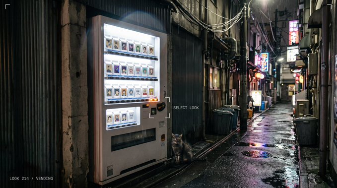 A cat sits beside an illuminated Japanese vending machine in a narrow, wet alleyway at night, with on-screen text reading "SELECT LOCK" and "LOOK 214 / VENDING."