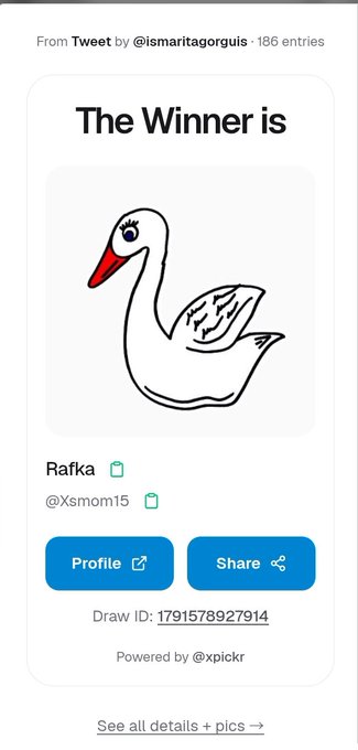 A tweet screenshot announces the winner of a draw, showing a duck illustration, the winner 'Rafka (@Xsmom15)', and noting it is from @ismaritagorguis with 186 entries.