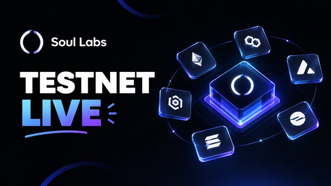 A sleek promotional graphic with a black background features the "Soul Labs" logo in the top-left corner above bold "TESTNET LIVE" text in white and blue gradient lettering. On the right side, a glowing central cube displaying the Soul Labs logo is surrounded by a circular arrangement of smaller icons representing various blockchain networks (Ethereum, Avalanche, and others), visually representing the cross-chain nature of the protocol mentioned in the post.