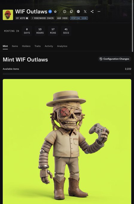 The image shows the "WIF Outlaws" NFT collection page on Magic Eden with a mint countdown of 0 days, 13 hours, 17 minutes, and 41 seconds, featuring a 3D skeleton cowboy character with an "X" eye wearing a tan hat and boots against a green background. This relates to the post promoting upcoming mints, highlighting one of the two featured drops the user is encouraging followers to participate in.