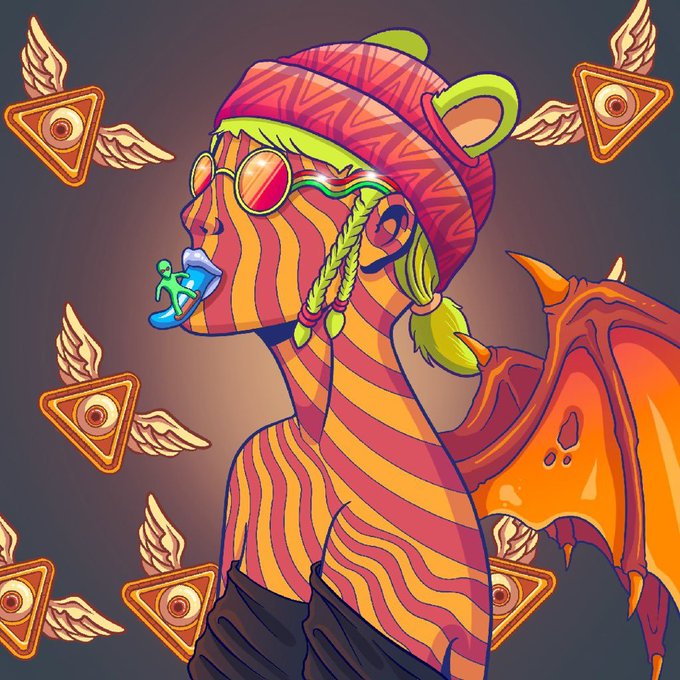 A vibrant surreal digital illustration of a striped figure with pink sunglasses and green braids, surrounded by winged triangle symbols and an orange dragon-like creature.