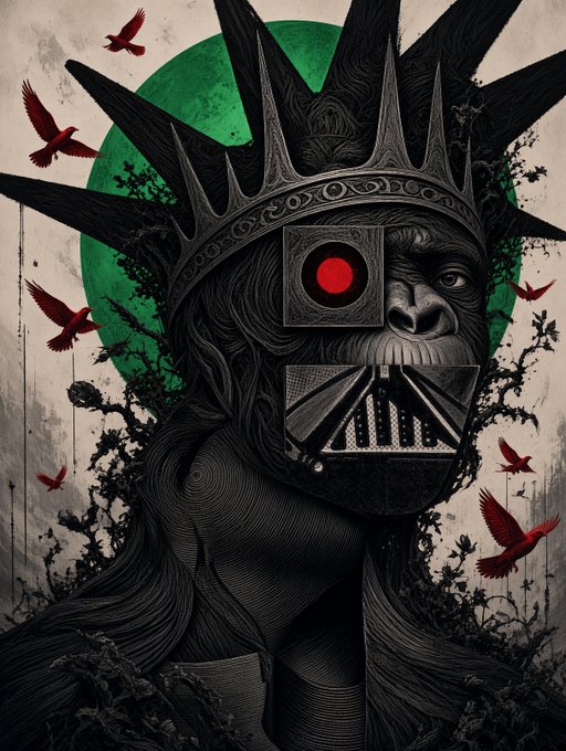 A stylized illustration of a gorilla wearing a spiked crown, featuring a glowing red eye in a square socket and a metallic muzzle, set against a green circular background with red birds.