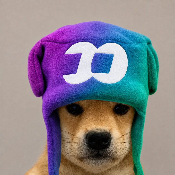 A close-up of a tan dog wearing a colorful fleece hat with purple, blue, and green sections featuring a white infinity-style logo, set against a gray background.