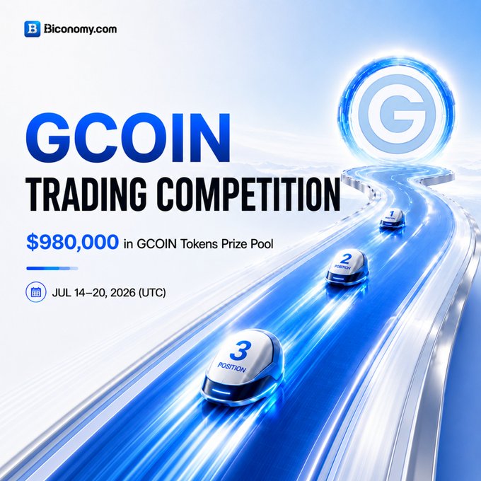 Promotional image for the Playnance ($GCOIN) Trading Competition on Biconomy.com, featuring a "$980,000 in GCOIN Tokens Prize Pool" running from Jul 14–20, 2026 (UTC), with futuristic race cars on a track leading toward a glowing G logo that visually reinforces the trading leaderboard concept.