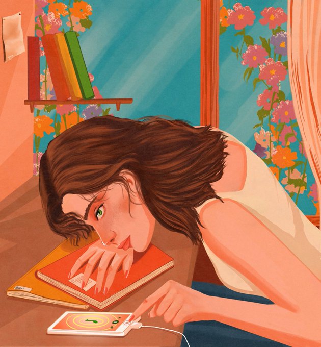 A woman with brown hair rests her head on an orange book labeled "Xavi" while scrolling on a smartphone showing a music player, set against a vibrant backdrop of floral wallpaper and a shelf of colorful books. The artwork visually echoes the post's reference to music and notes, capturing a moment of quiet listening that complements the NFT's thematic blend of art and sound.