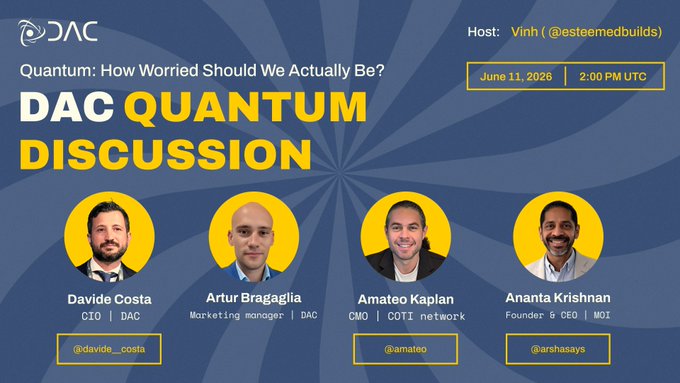 The image features a blue background with yellow circles containing four men's names. The text "Quantum" is written above the circles, while the words "How worried should we actually be?" are below them. The caption reads "@dac Quantum discussion", indicating that this event is related to the topic of quantum computing and its impact on financial security.