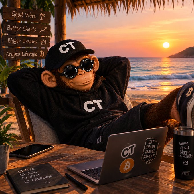 An AI-generated image of a chimpanzee relaxing on a beach at sunset, wearing a 'CT' cap, sunglasses, and a matching hoodie, with a laptop and coffee tumbler nearby; a sign reads 'Good Vibes', 'Better Charts', 'Bigger Dreams', and 'Crypto Lifestyle', while stickers on the gear display the Bitcoin '₿' symbol and the text 'EAT TRADE TRAVEL REPEAT'.