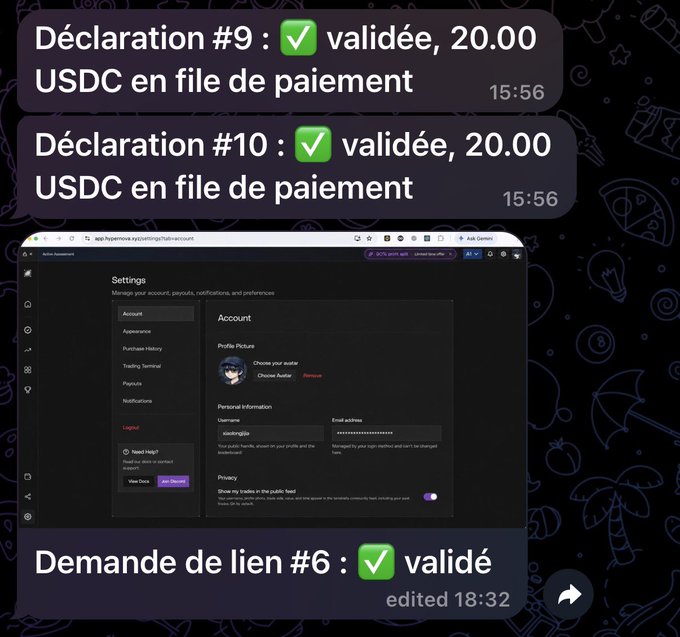 French message bubbles state “Déclaration #9 : ✅ validée, 20.00 USDC en file de paiement” and “Déclaration #10 : ✅ validée, 20.00 USDC en file de paiement,” alongside a Hyperverse account settings screenshot and “Demande de lien #6 : ✅ validé.”