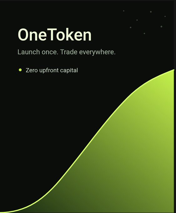 A dark advertisement for 'OneToken' with the tagline 'Launch once. Trade everywhere.' and the bullet point 'Zero upfront capital' alongside a green curve graphic.