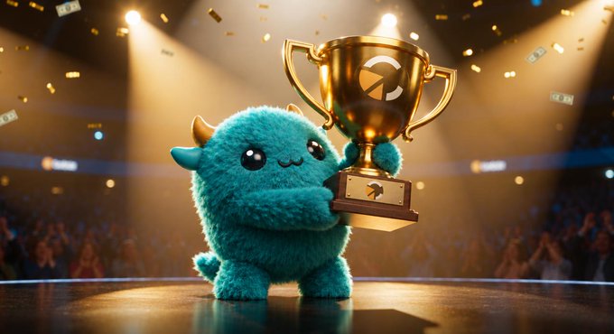 A cute teal fuzzy monster character with small horns holding a large gold trophy in a stadium setting with confetti falling around it.