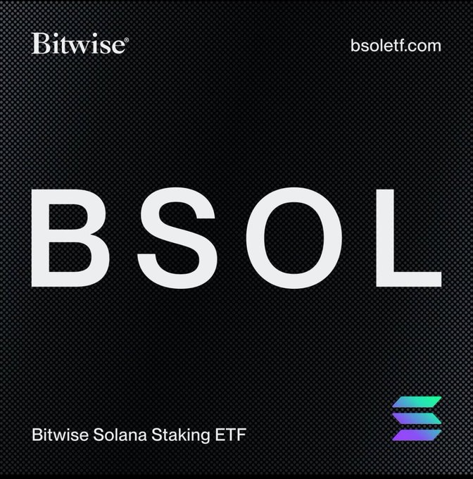A Bitwise promotional graphic for 'BSOL' (Bitwise Solana Staking ETF) on a black textured background, with the ticker 'BSOL' prominently displayed in large white letters and 'bsoletf.com' in the corner.