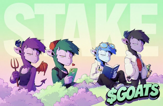 Anime-style mascot art showing four goat-like characters labeled 'STAKE $GOATS' with one holding a pitchfork, one using a phone, one reading a book, and one in a lab coat.