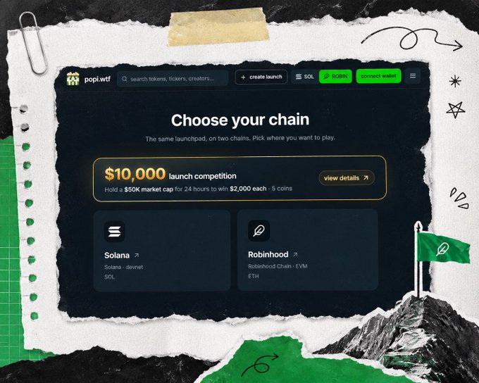 A screenshot of the popi.wtf website interface showing a 'Choose your chain' launchpad selection page with options for Solana and Robinhood Chain, advertising a $10,000 launch competition.