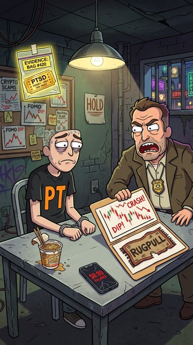 A cartoon-style illustration depicting an interrogation scene with a handcuffed man in a 'PT' shirt and a detective holding 'CRASH DIP!' and 'RUGPULL' charts. Posters on the wall say 'PTSD', 'FOMO DIP', and 'HOLD'.