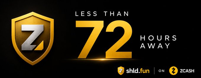 The image is a promotional countdown banner featuring a gold shield logo with a "Z" emblem alongside bold text reading "LESS THAN 72 HOURS AWAY," with "shld.fun ON ZCASH" branding at the bottom, visually reinforcing the announcement that the shielded bonding curve launchpad on Zcash is imminent.