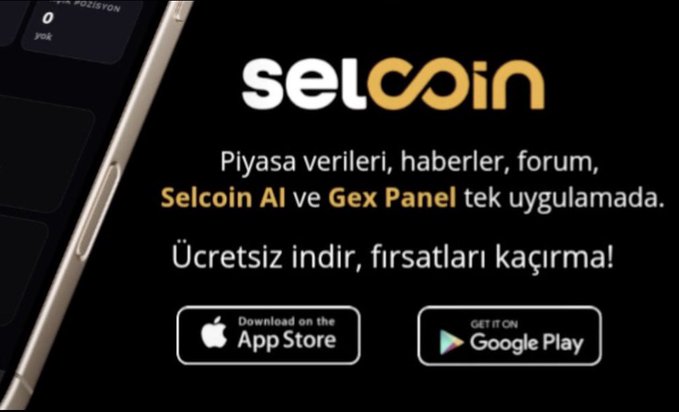 A promotional banner for the "Selcoin" mobile app featuring its logo and Turkish text advertising features like market data, news, forum, Selcoin AI, and Gex Panel, with download buttons for the App Store and Google Play, and a partial view of a smartphone displaying portfolio rankings. The image ties into the post by showcasing Selcoin's continued app development and growth, encouraging followers to download the free app.