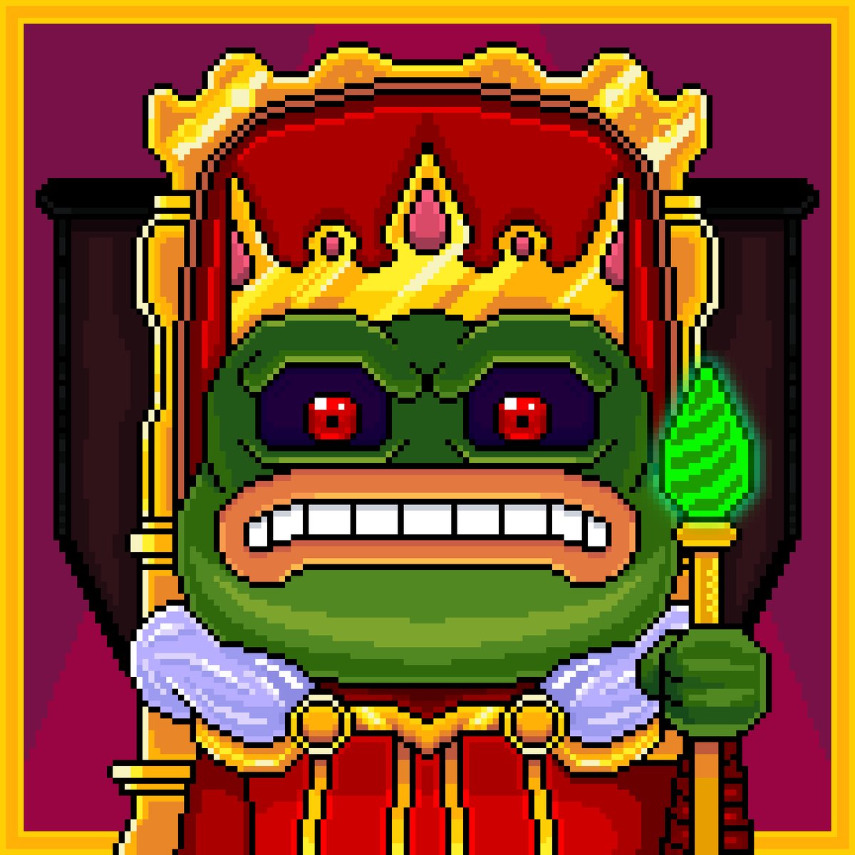 The image features a cartoon frog wearing a crown, holding a sword with a green handle. The frog appears to be a king or queen of drip, as indicated by the accompanying text. The background includes a purple wall and a gold frame, which adds to the overall visual appeal of the scene.
