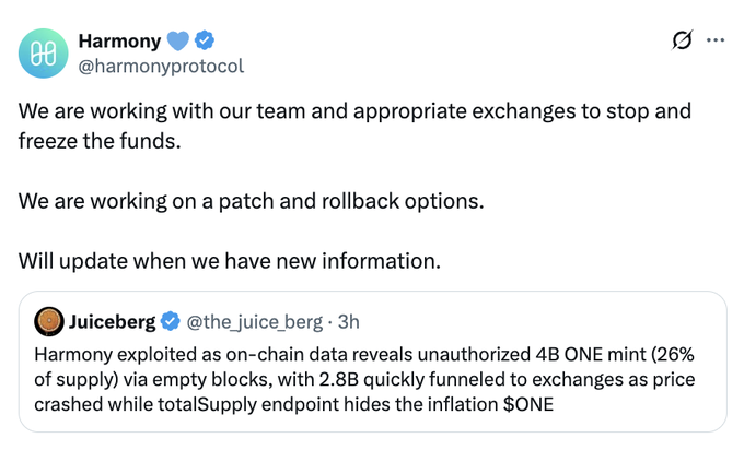 A screenshot of a tweet from Harmony (@harmonyprotocol) stating 'We are working with our team and appropriate exchanges to stop and freeze the funds. We are working on a patch and rollback options.' quoting a tweet from Juiceberg (@the_juice_berg) about Harmony being exploited.