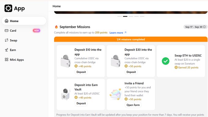 A crypto app interface showing 'September Missions' with tasks like depositing funds and inviting friends to earn points, noting 1/4 missions completed.