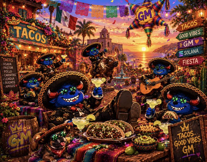 A vibrant, colorful digital artwork of blue monster characters celebrating at a Mexican-themed fiesta, featuring tacos, sombreros, margaritas, and signs reading 'GM', 'TACOS', and 'SOLANA'.