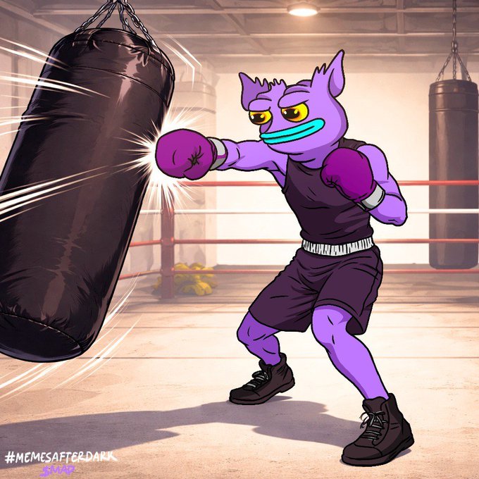 A cartoon-style illustration of a purple creature wearing pink boxing gloves, punching a heavy bag in a gym, with '#MEMESAFTERDARK' text in the bottom left corner.
